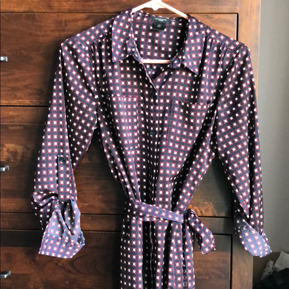 Navy, red & white print button shirt dress SP
